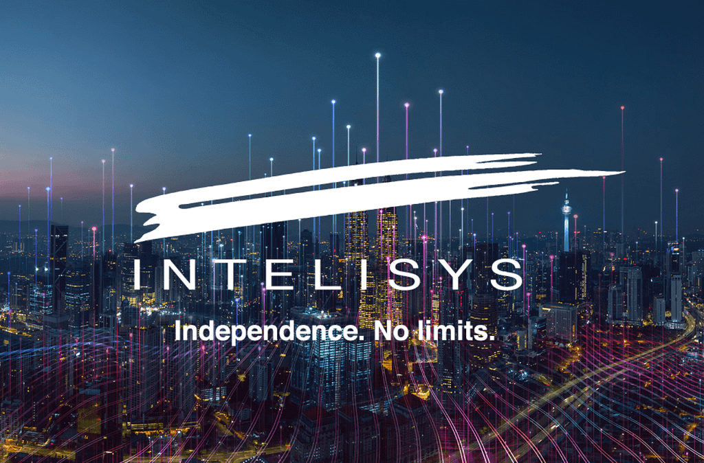 Intelisys white logo over night city skyline